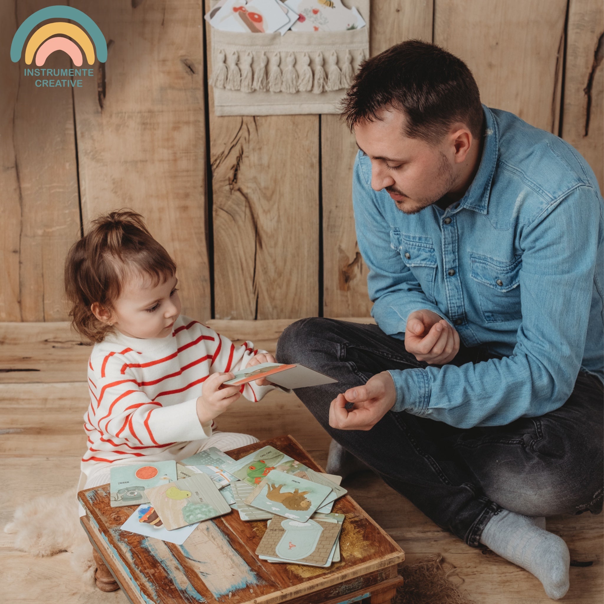 Tata care se joaca cu copilul cu cartonasele de sunete